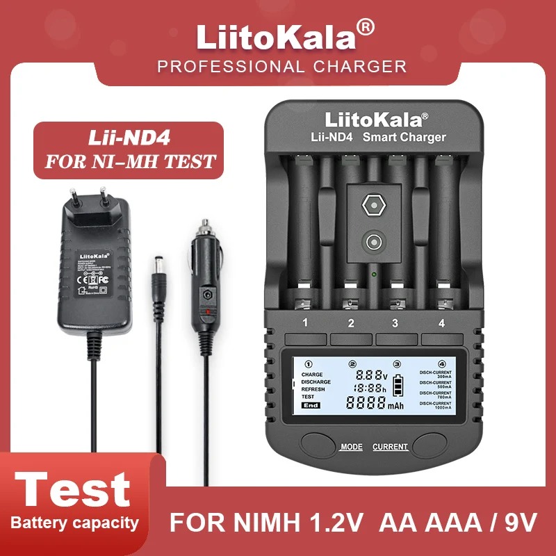 Liitokala lii-nd4 NIMH/CD 1.2V AA AAA Recharge Bateery nabíjačka LCD displej a testovacia kapacita batérie 9V batérie.