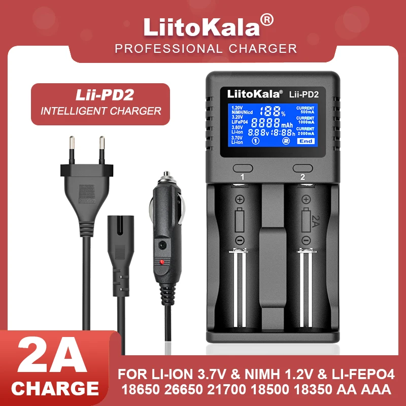Liitokala lii-PD2 1,2V 3,7V 3,2V AA/AAA 26650 18650 18350 NIMH Littium Lithium Dhhargeble Battery Nabíjačku