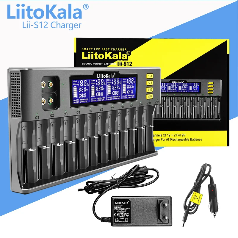 Liitokala lii-s12 12-slot LCD nabíjačka batérií pre Li-ion LifePO4 Ni-MH Ni-CD 9V 21700 20700 26650 18650 16340 18350 RCR123 18700