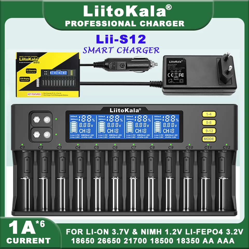 Liitokala lii-S12 LII-500 12-slot 18650 nabíjačku batérií pre 20700 26650 21700 14500 10440 16340 1,2V 3,7V 4,2V leva batérie