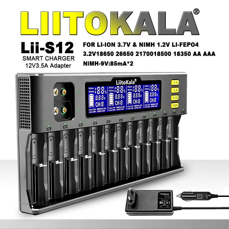 Liitokala lii-s8 lii-s12 LCD batériová nabíjačka pre Li-ion LifePo4 Ni-MH Ni-CD 9V 21700 20700 26650 18350 18650 RCR123 18700