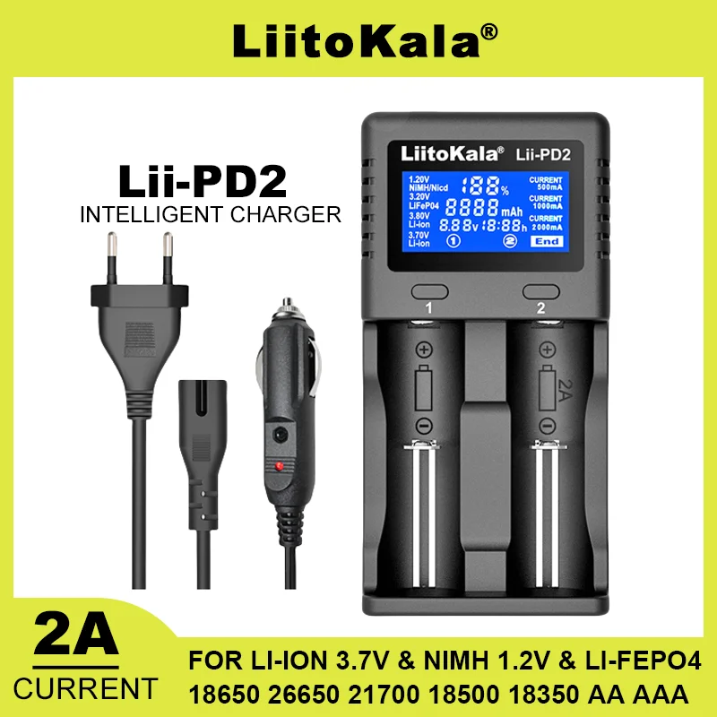 Liitokala PD2 500 3,2V 3,7V 3,8V 1,2V 25500 18650 18350 26650 20700 14500 NIMH Lithium LifePo4 Nabíjačka batérií