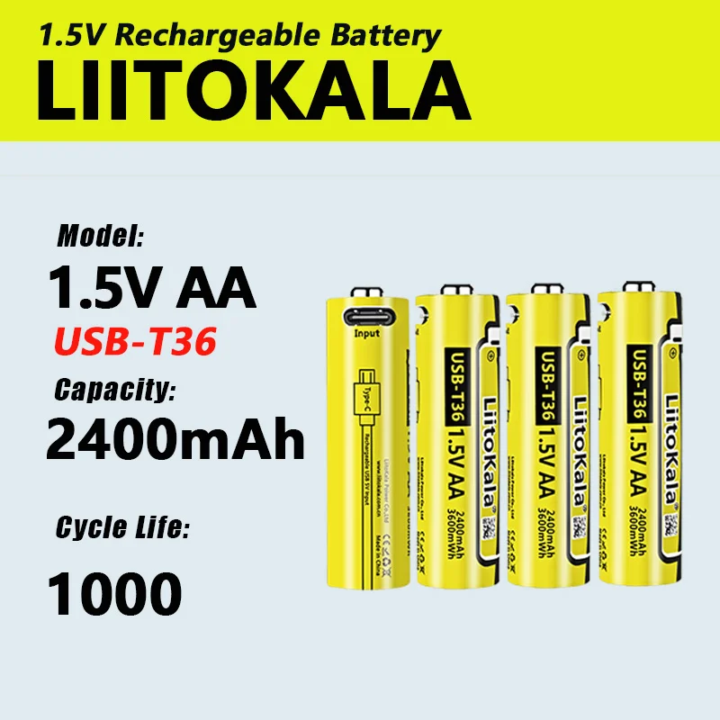 Liitokala USB-T36 1,5V AA 3600MWH Li-ion Nabíjateľná batéria 1200 cyklu