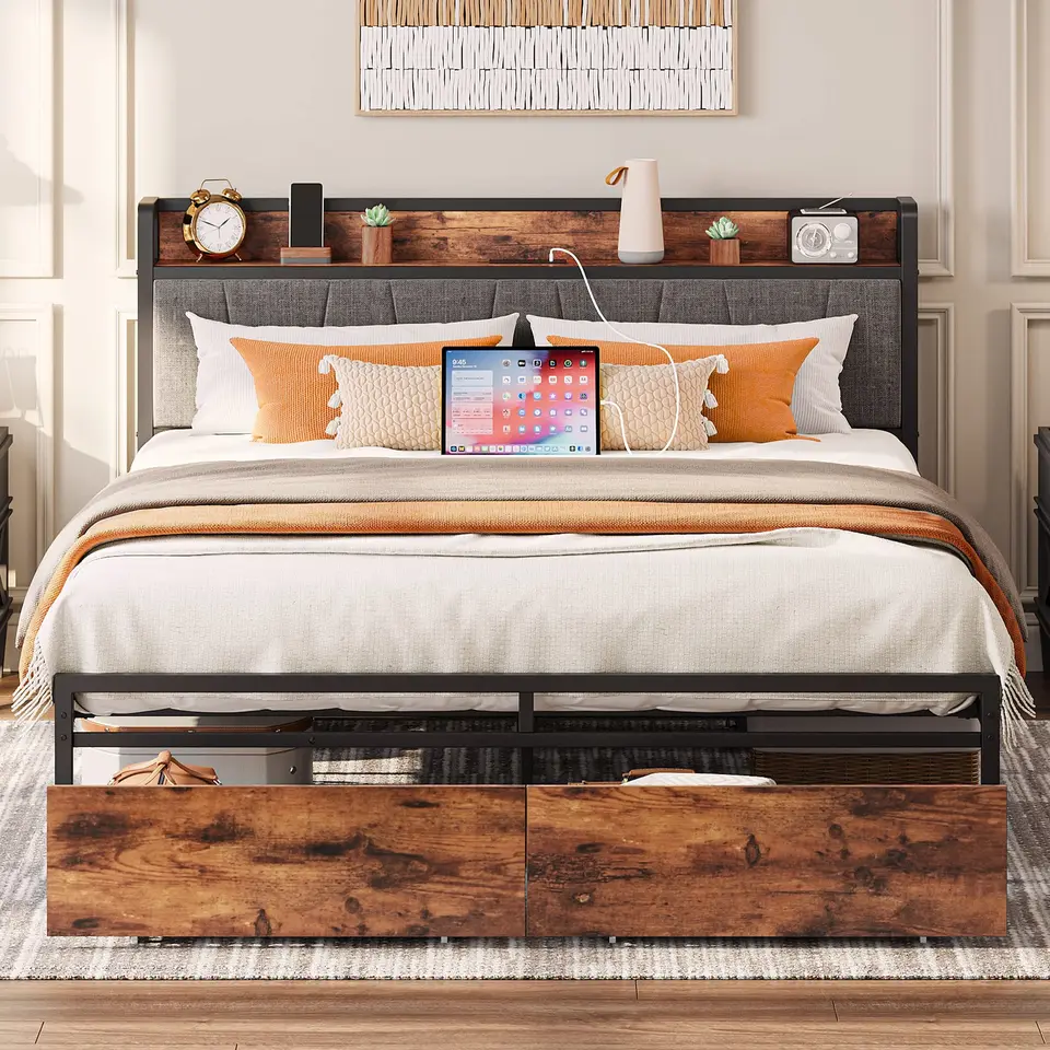 Likmio Full Queen California King Size Rám, úložná doska s nabíjacou stanicou, posteľ platformy so zásuvkami