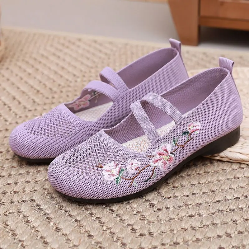 Lilac letné byty mama pripútané topánky dámske jarné vyšívané kvetinové mokasy, dámy Mary Jane Flat topánky etnické baletné byty