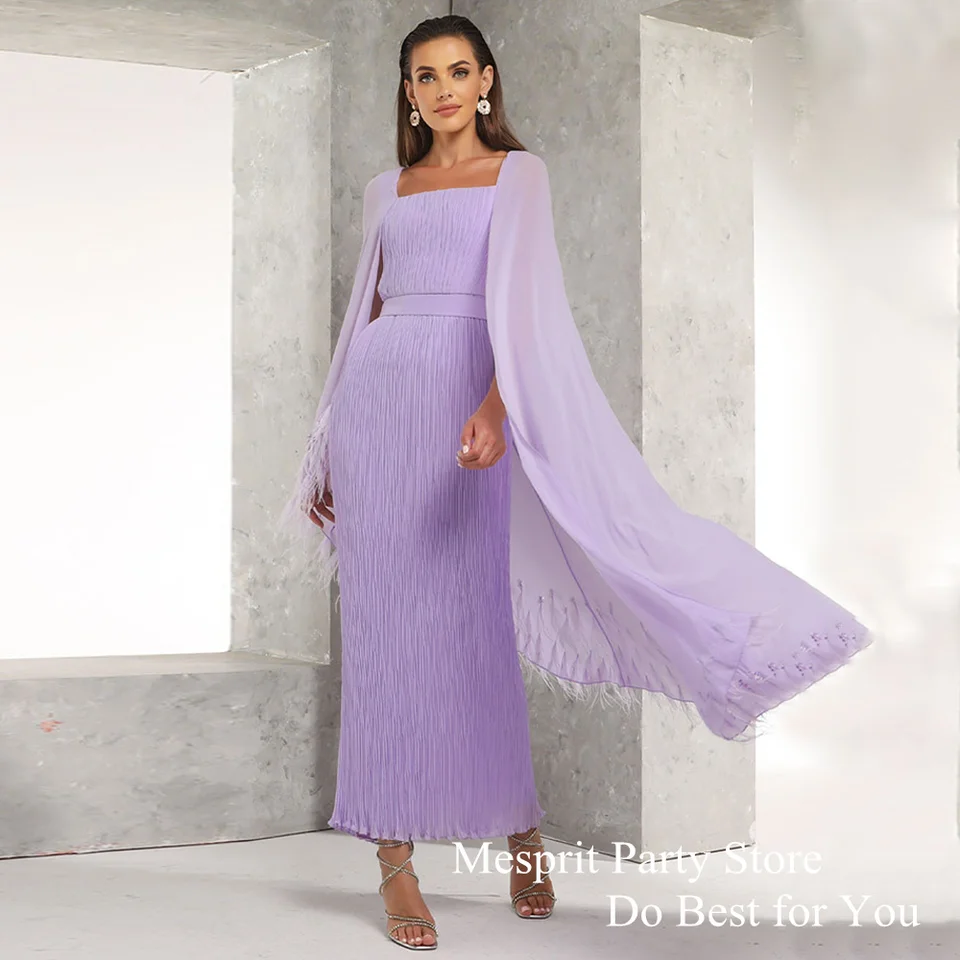 Lilac šifónové plesové šaty Sqaure krk rukáv Cape Pleat Pleat Perie Priamy koktail Party šaty