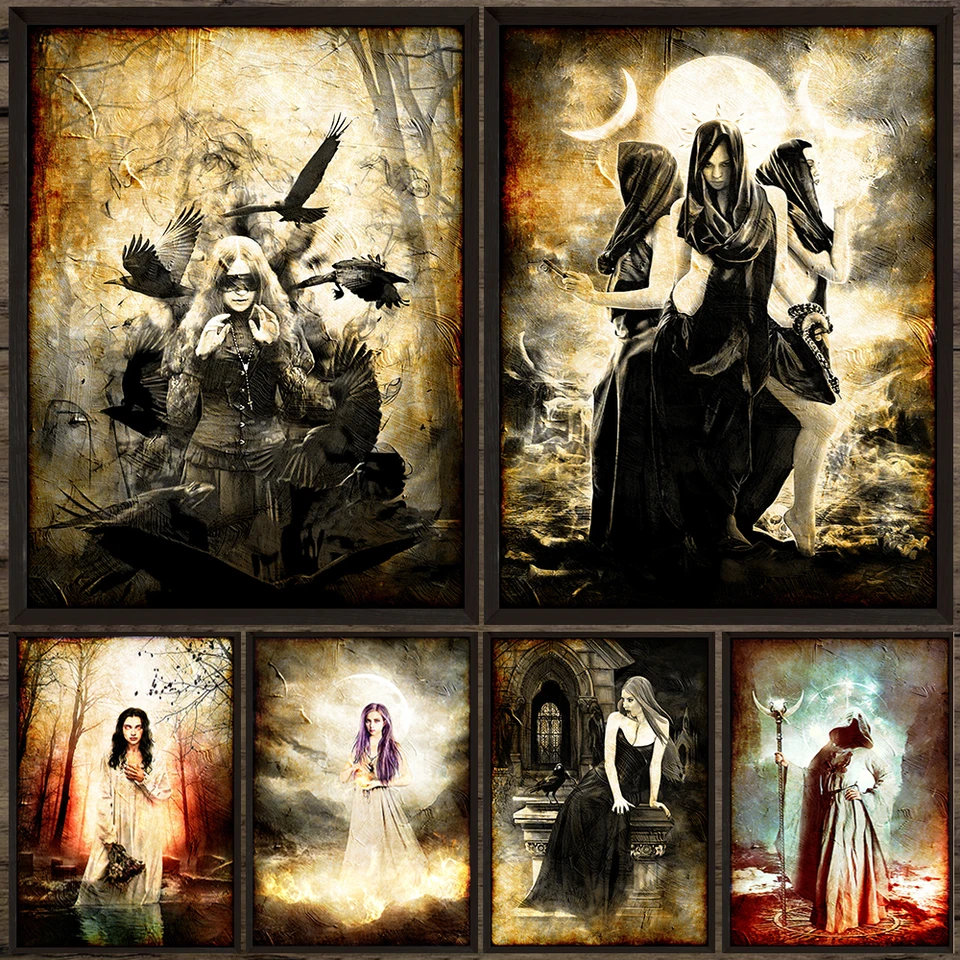Lilith a Hecate, Vintage Pagan Witch Art Plagat and Print, Succubus Witch Gothic Wall Art Academy of Dark Magic Canvas Painting