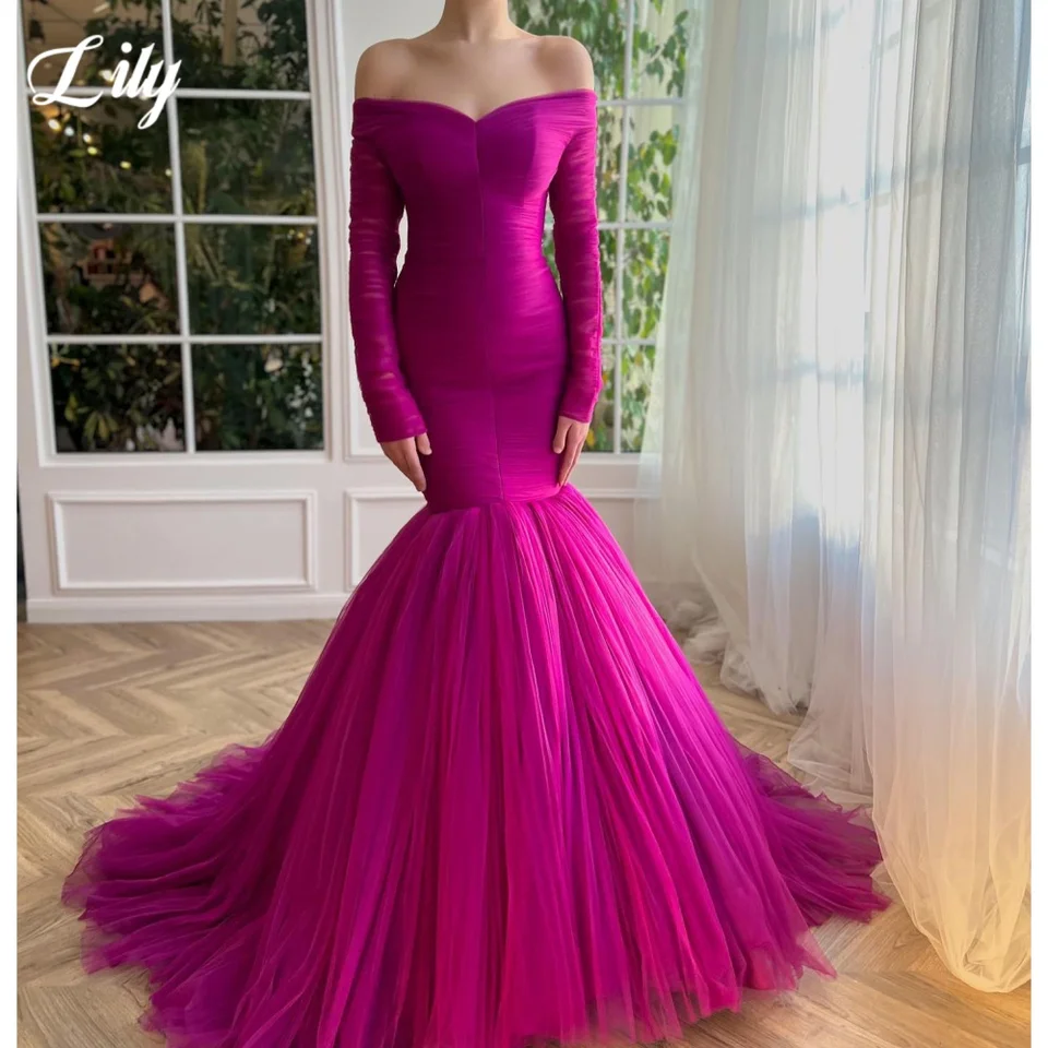 Lily Fuchsia Elegantné večerné šaty zlatíčko Off-Ramer Dress Dress Organza Špeciálne príležitosti šaty pre ženy prispôsobené