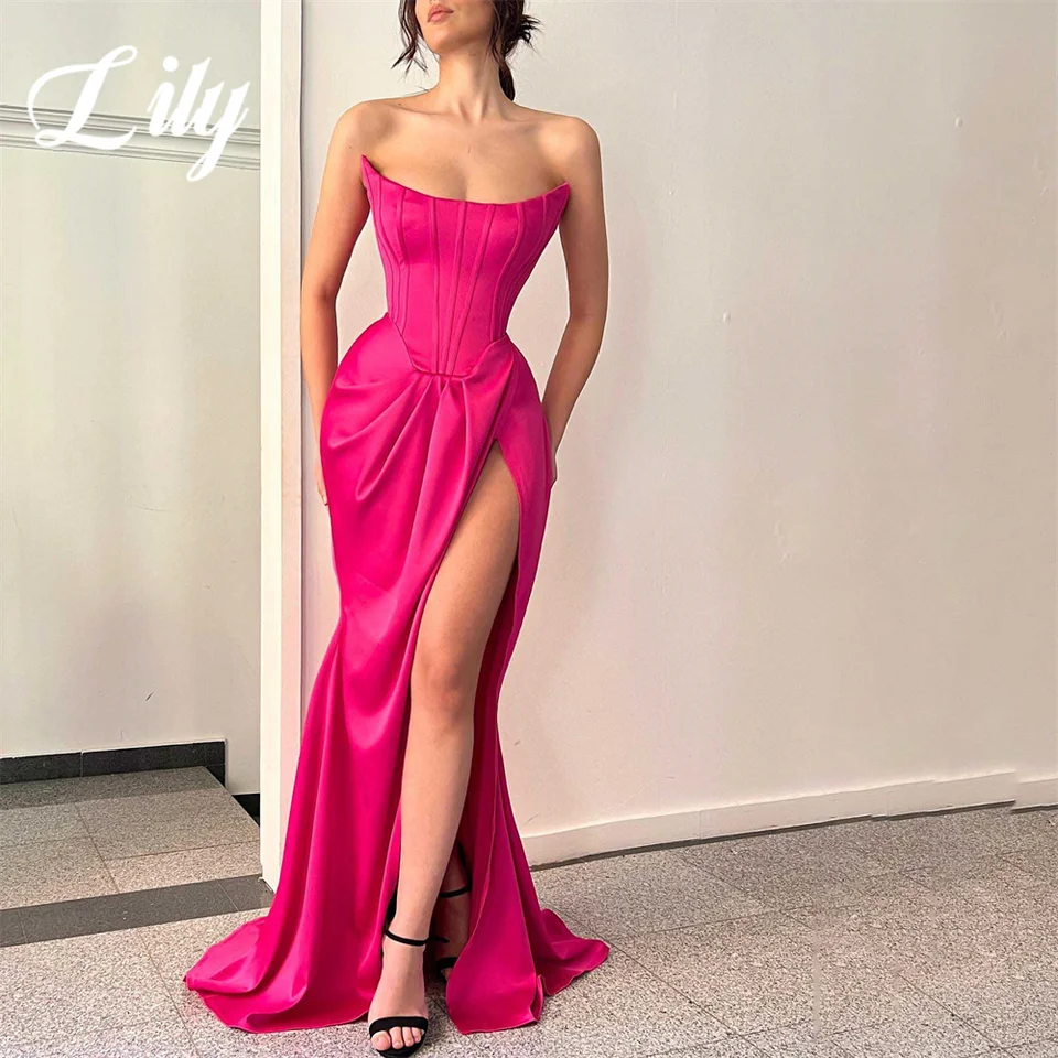 Lily Sexy ružová žena večerné šaty šaty morská panna Sexy Pleat O-Neck Nočné šaty šaty s vysokými rozdelenými Robes de Soirée Prispôsobené