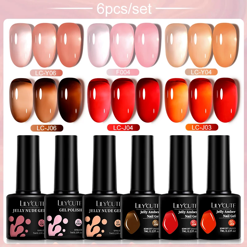 Lilycute 6ks/set priesvitné želé jantárové gélové lak na nechty Lighting Namočenie nechtového umeleckého gélu Semi trvalé UV gélové lak
