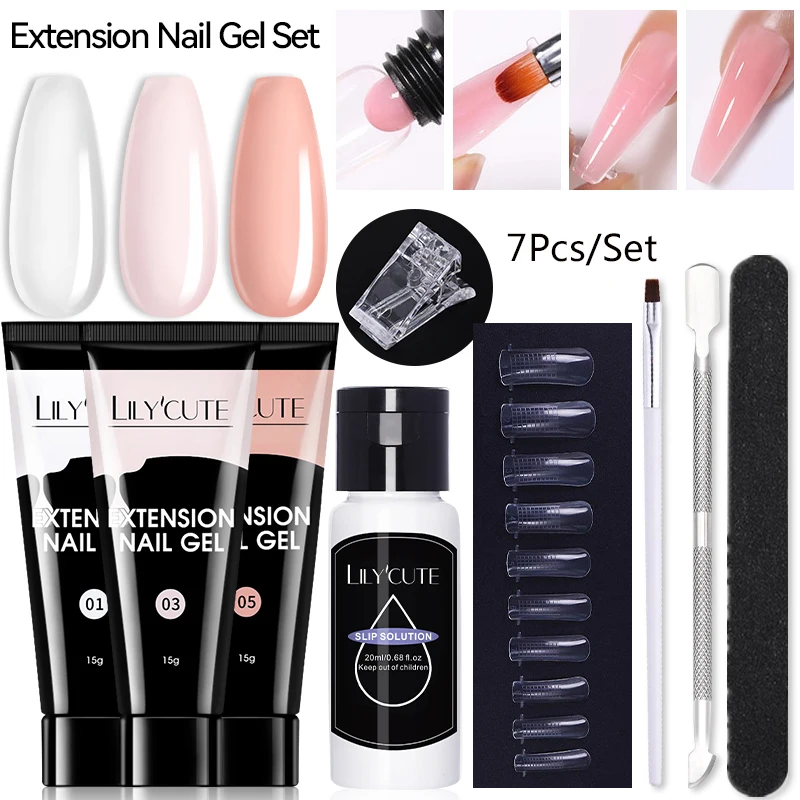 Lilycute 7ks/set 15 ml Clear Quick Extension Nail Gel s sklzovým roztokom na nechty na nechty na nechty kefy na kefu na kefu Gel Gel Tools