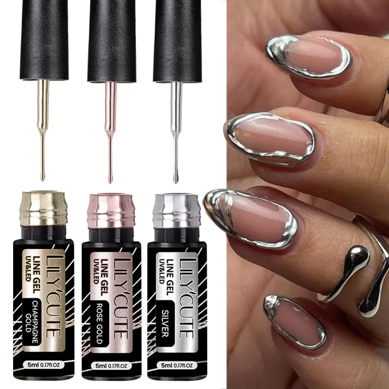 Lilycute Super-Bright Metallic maliar vložky Gel Gel Gelish Strieborné zlaté zrkadlo kreslenie gél na nechty lak polopralence UV Art UV na nechty