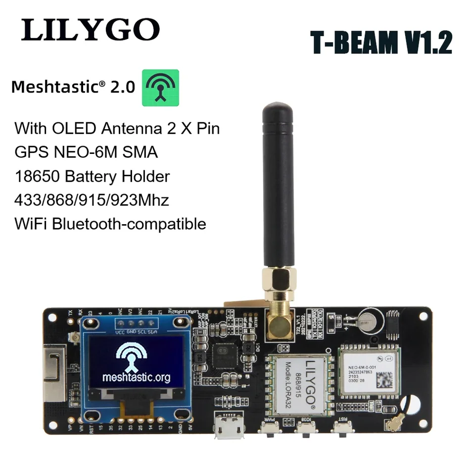 Lilygo® TTGO Meshtastický T-lúč V1.1 ESP32 433/868/915/923MHz WiFi BT ESP32 GPS NEO-6M SMA 18650 Držiak batérie s OLED