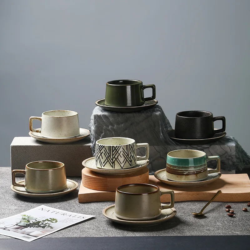 Lingao Retro Coarse Pottery Porcelin Coper Set Set, obchod s mliečnym čajom, kaviareň Vhodná