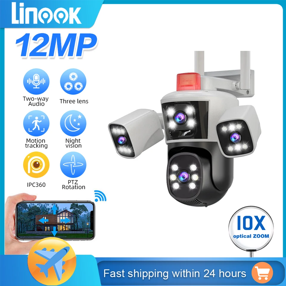 Linook, 3 šošovky, 12MP, 6K, vodotesné, CCTV Outdoor WiFi Phone, IP bezpečnostná kamera, sieťová kamera WiFi, inteligentná kamera PTZ 360