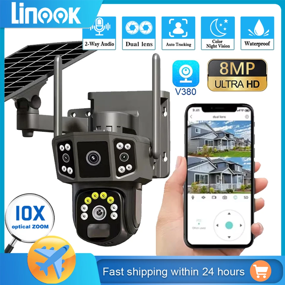 Linook V380 Pro 4K Dual Lens 10x, Outdoor Security Camera CCTV Wifi Solar Solar Uzavreté televízor 4G SIM Solar Solar Camera