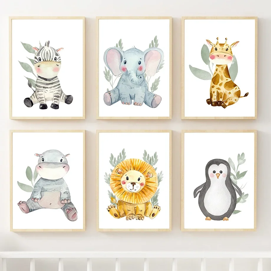 Lion Elephant Giraffe Zebra opúšťa materské nástenné umenie maľba škandinávske plagáty a výtlačky