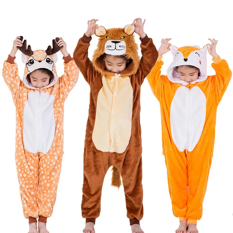 Lion Fox Deer Kigurumis for Kids Boy Girl pyžamas flanel gombíka štýl roztomilý vtipný oblek vianočný darček