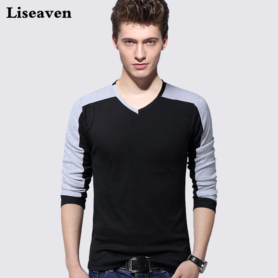 LISEAVEN THIRNY Značky TSHING THIRK MEN Patchwork Color Slim Fit s dlhým rukávom tričko Men v krku Tops