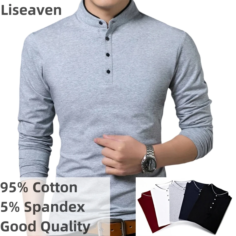 Liseaven Tričko Men Cotton T košeľa Tričko s plným rukávom Tshirt Men Men z masívneho farebného tričká Tops & Tees Mandarin Golier dlhá košeľa