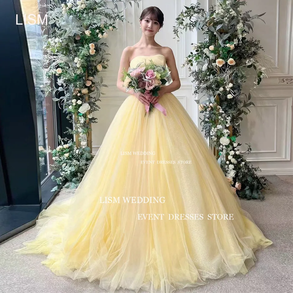 Lish bez ramienok žltá a čiara večerné párty šaty Foto Shoot Fairy Tulle Puffy Prom Gown Gown High Slit Robes de Soirée na mieru vyrobené