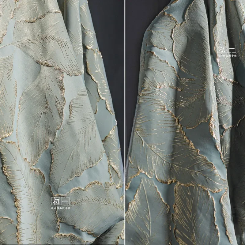 List Grey Blue Gold Hodvábny vzor reliéfu závesu tkanina French High-end High-end High-Huste Jacquard Texture Designer Tkanina