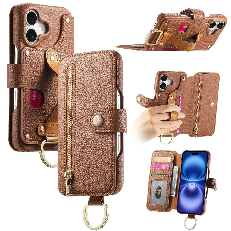 Litchi vzorované flip kožené náramkové popruhy držiak na telefón pre iPhone 16 15 plus 14 13 12 Pro Max