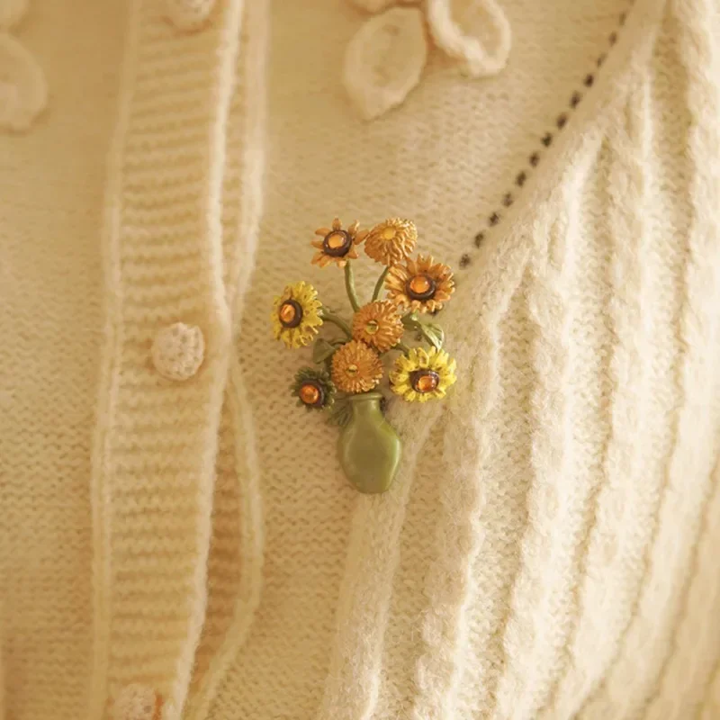 Literárne vinobranie van Gogh Sunflower Vase Brošňa pre ženy Kreatívne gerbera prispôsobené oblečenie Pin Pin Corsage Šperky doplnky