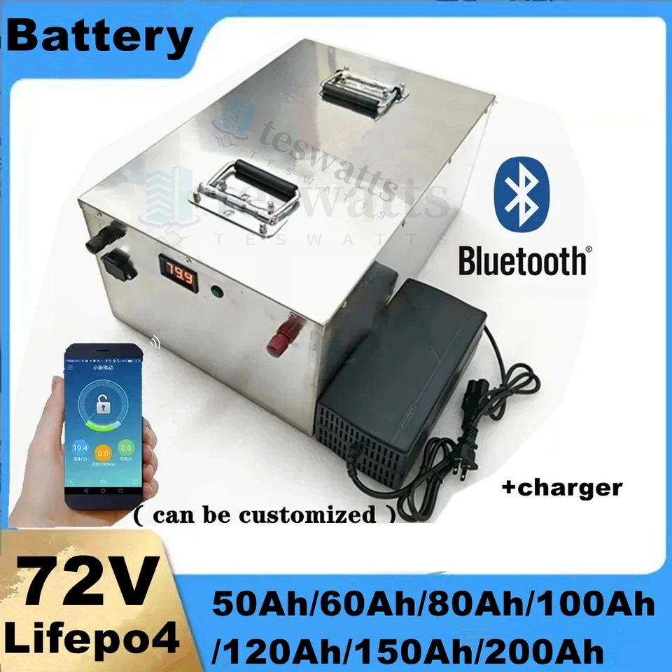 Litium 80AH 72V 100AH ​​200AH 150AH 150AH LIFEPO4 BATTERSKÁ BUTTERSKÁ BLUEOOTBMS Hlboký cyklus pre menič motocyklov 7000 W + 10A nabíjačka.