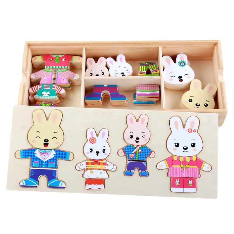 Little Rabbit Bear Change Chidle Detské rané vzdelávanie Drevené skladacie skladacie puzzle hračky pre detské hádanky na darček
