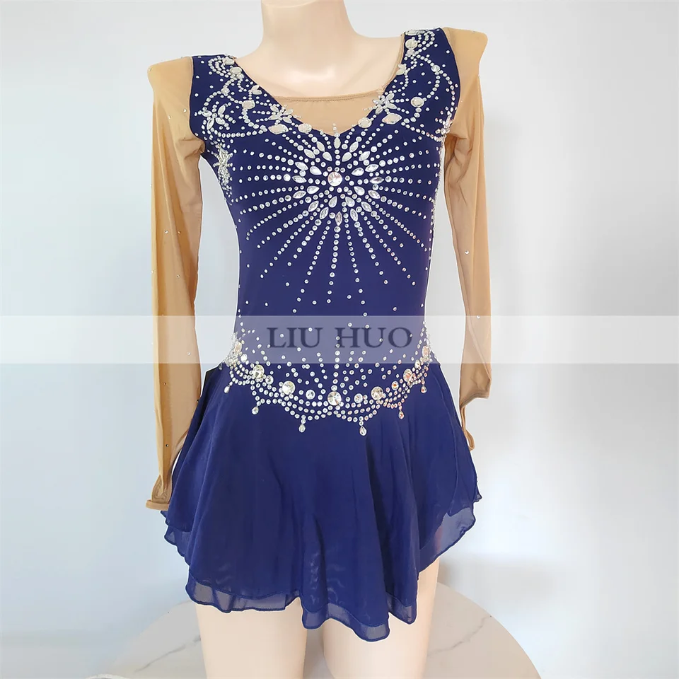 Liuhuo ľadový tanečný krasokorčuľovací šaty Ženy dospelé dievča dospievajúci prispôsobenie kostýmov Performance súťaž Dance Kid Navy Blue Roller