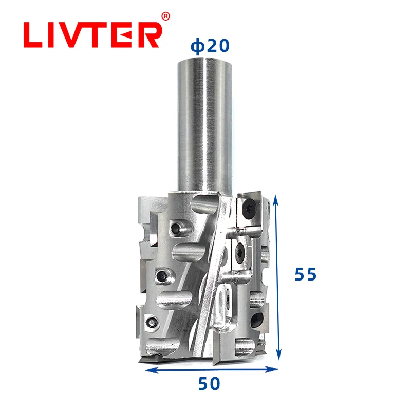 Livter 50 mm na mieru Prispôsobiteľné vymeniteľné karbidové vložky Drevené špirálové frézovacie frézka hlava pre smerovače Tenon CNC stroj