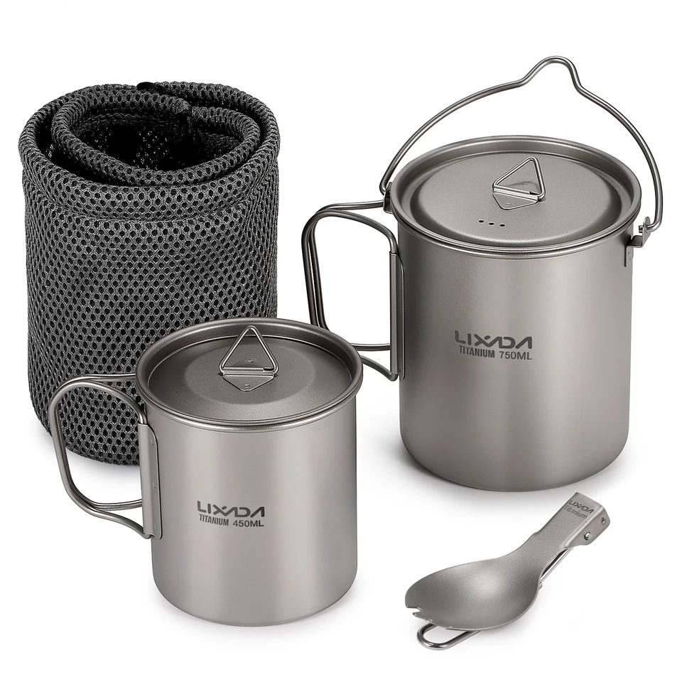 Lixada rukoväť Skladanie 750 ml hrnca 3 kusy veko 450 Vodná šálka Titániová súprava Spork hrnčeka
