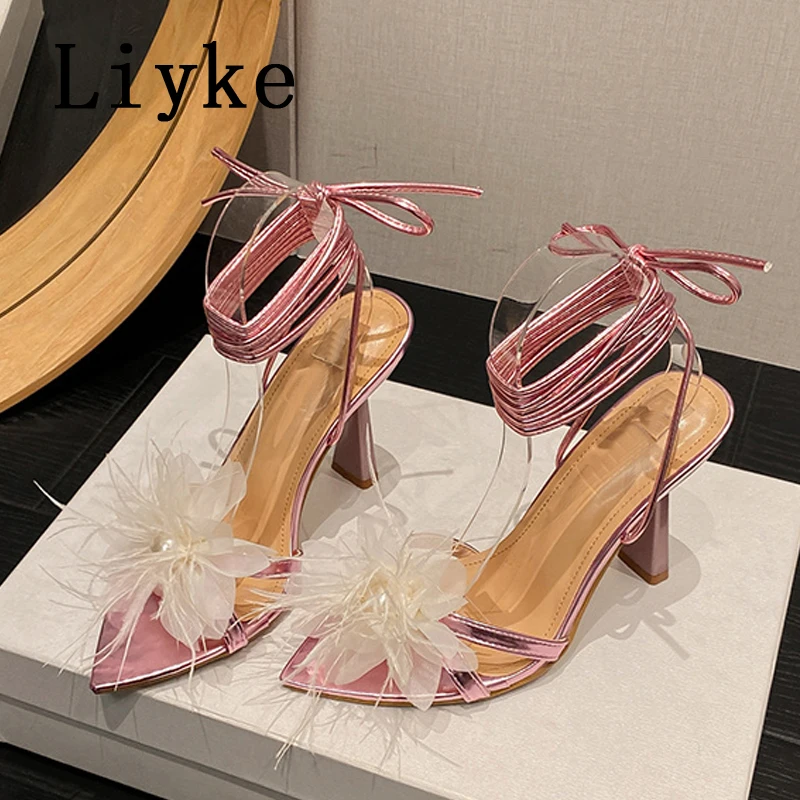 Liyke Sexy Purple krížový členkový remienok Sandále Ženy Elegantné večierky svadobné banketové topánky módne perlové kvetina Otvorená prstová prstová päta