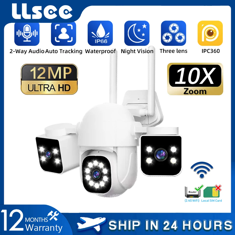 LLSEE 3 šošovky 3frachy 12MP 6K SAFINUTION CAMERA Vodotesný CCTV Outdoor WiFi Telefónna sieťová kamera PTZ 360 Intelligent Camera