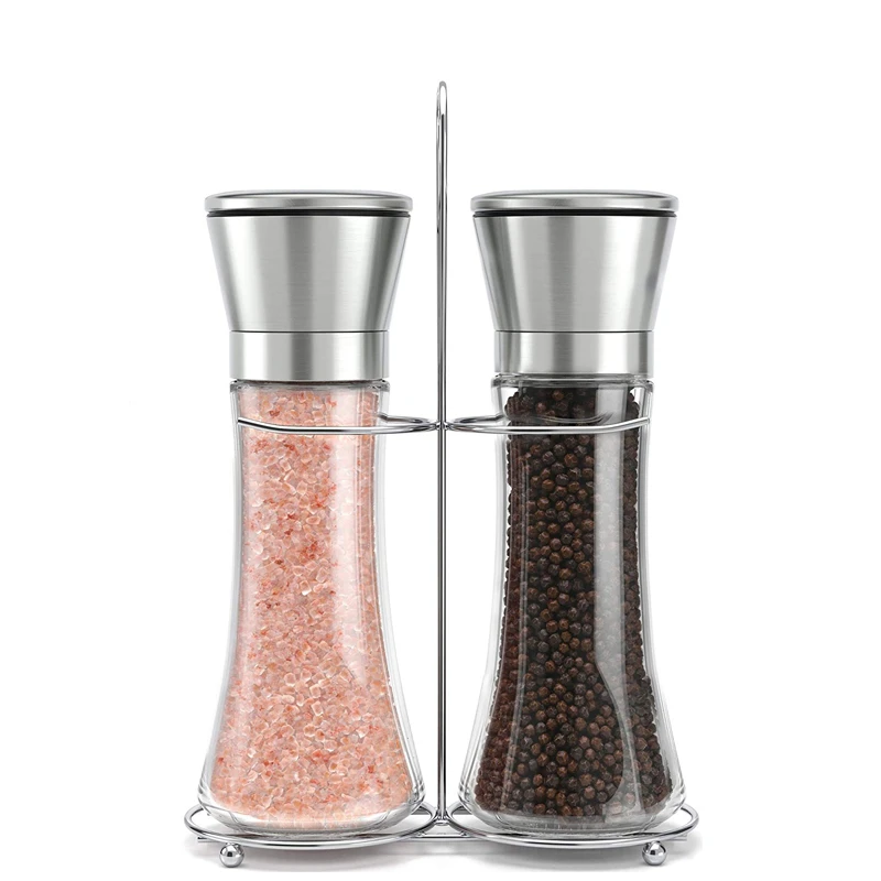 Lmetjma Salt and Pepper Shakers Sotual s stojanom z nehrdzavejúcej ocele Salt Pepper Mill Manuál korenia korenie mlynčeka sada KC0223