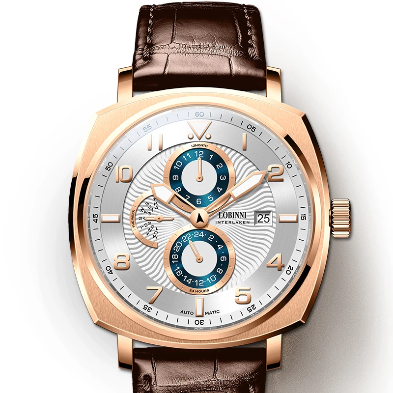 Lobinni luxusné pánske náramkové hodinky Men Automatické hodinky Self-Wind Mechanické náramkové hodinky Svetely Sapphire Witerprope Leather Remes
