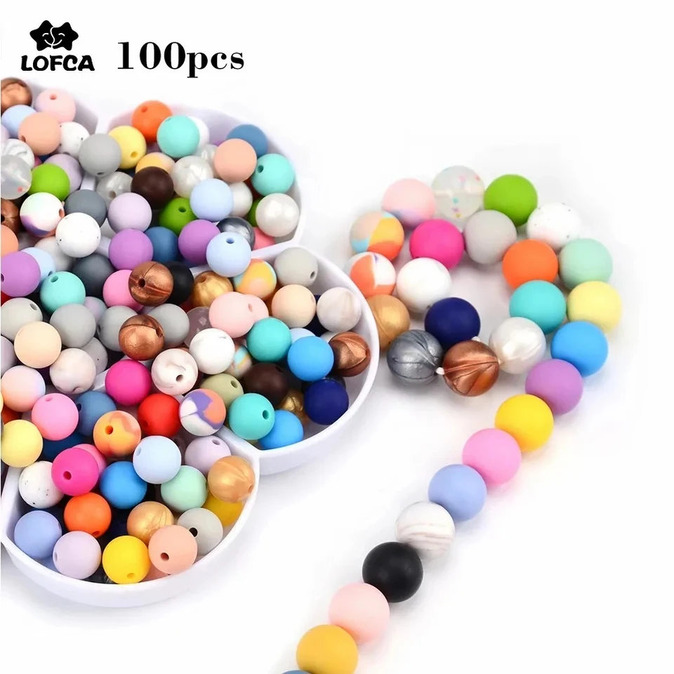LOFCA Silikónové guľôčky 12 mm okrúhle detské zubne náhrdelník s potravinami TETHER ORAL ORAL ORA OR ALE PRÍRODNÉ Silikónové guľôčky BPA Free Set