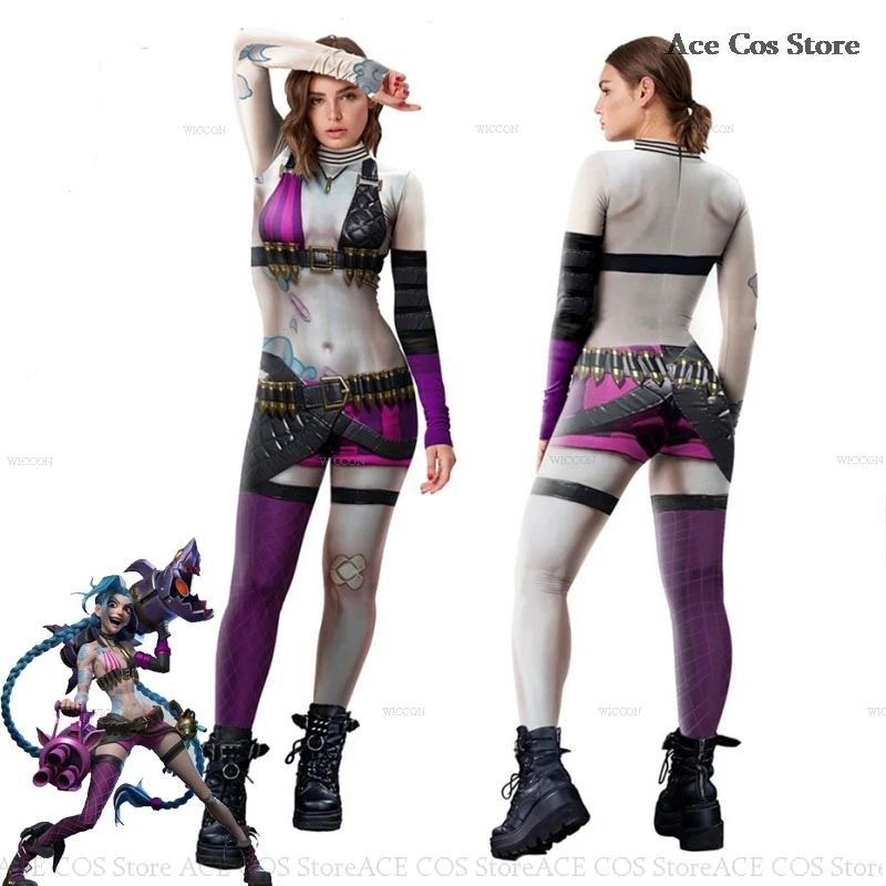 LOL Jinx kombinézy tlačené Onesie Cosplay kostýmy Ženy Cosplay Jinx League of Legends Anime Game Jinx kostým dospelých veľkosti dieťaťa