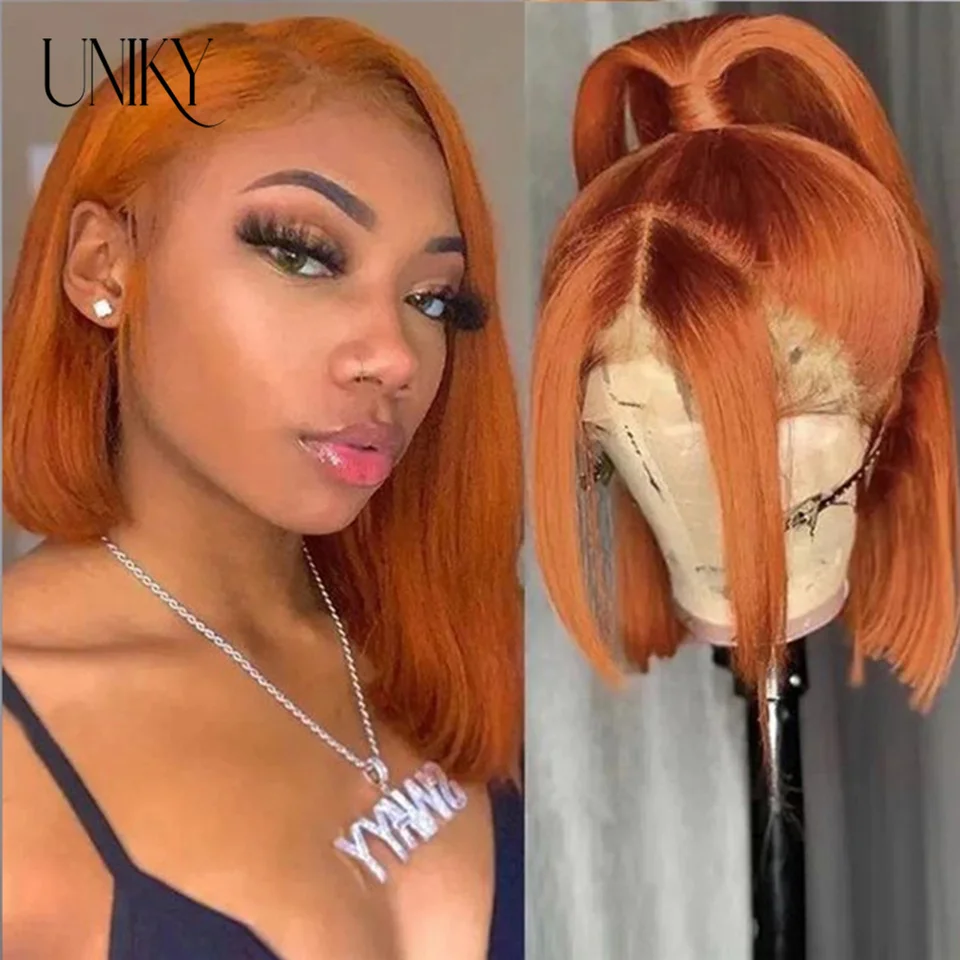 Lolita bob parochňu parochňu predné ľudské vlasové parochne brazílske krátke bobové parochňu vopred zázvorové oranžové najlepšie ľudské vlasy 13x4 čipky parochne 180%