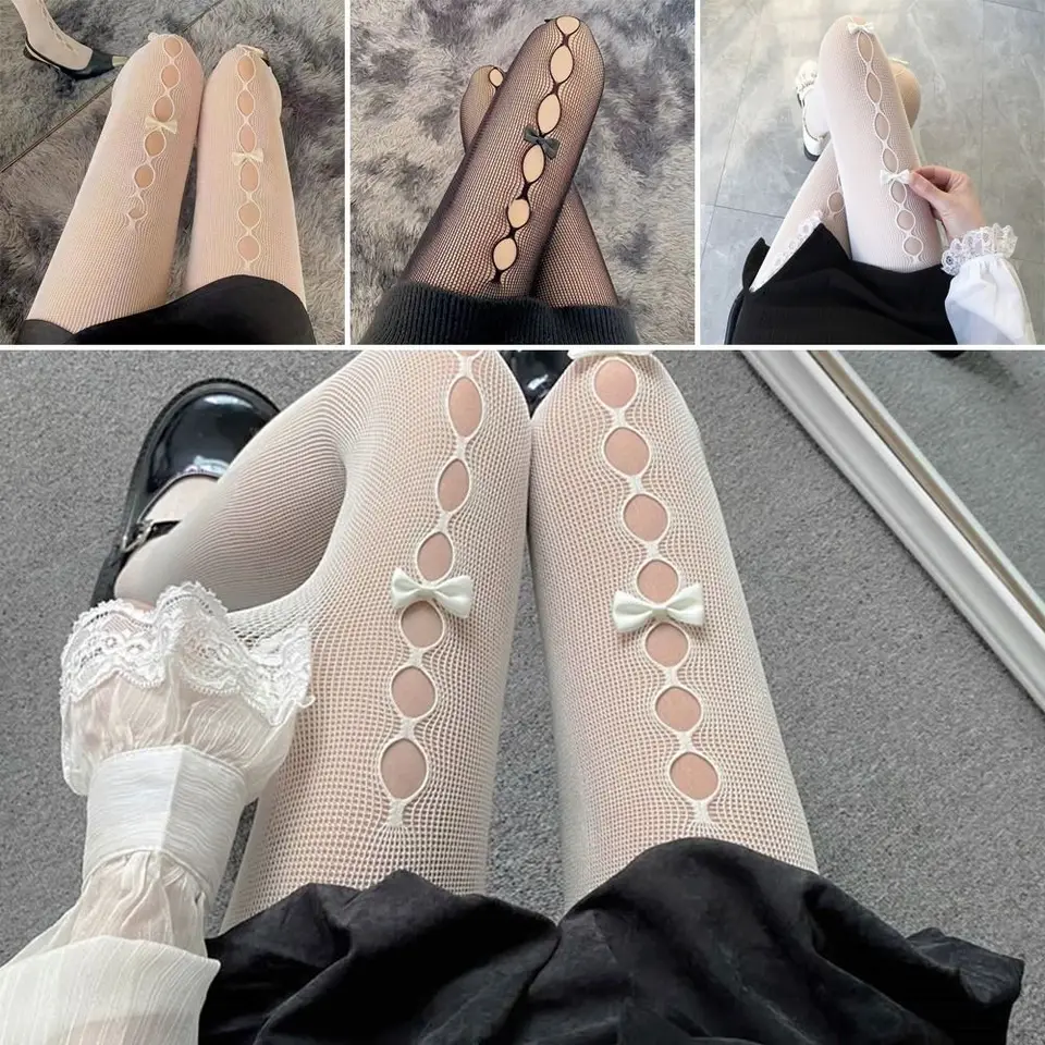 LOLITA COSPLAY GIRLY BOWKNOT DULOW OUT PANTYHOSE SEXY THE THE TIDE LACE LACE PANEČNOSTI Anime ponožky Čierne biele rybárske hodvábne pančuchy
