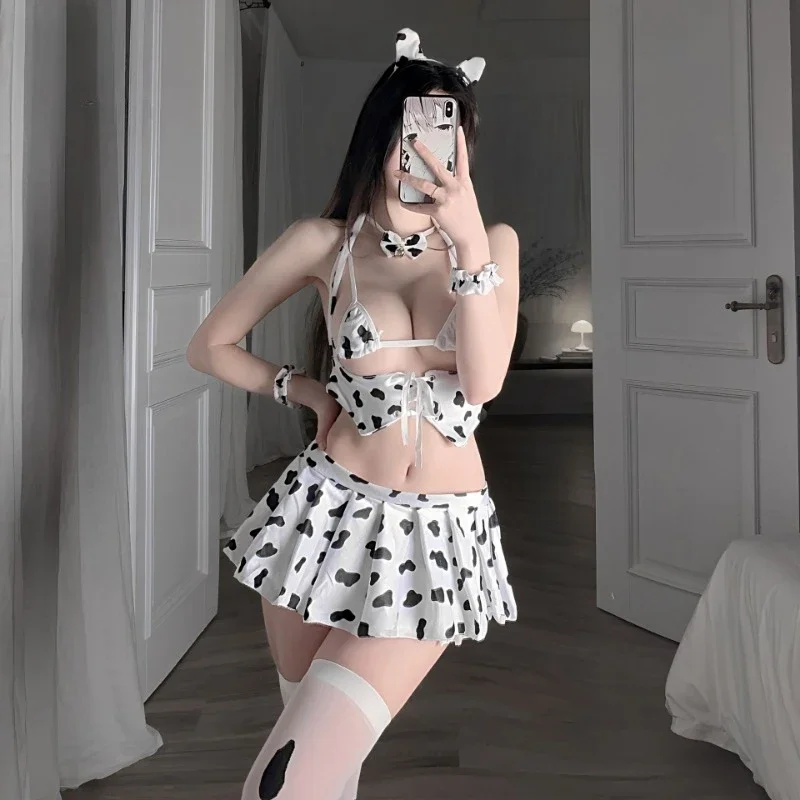 Lolita Cow Girl Sexy spodná bielizeň korzet Ženy Kravy Cosplay kostým tlač japonská slúžka Uniforma tempatation Underwear Mini sukňa