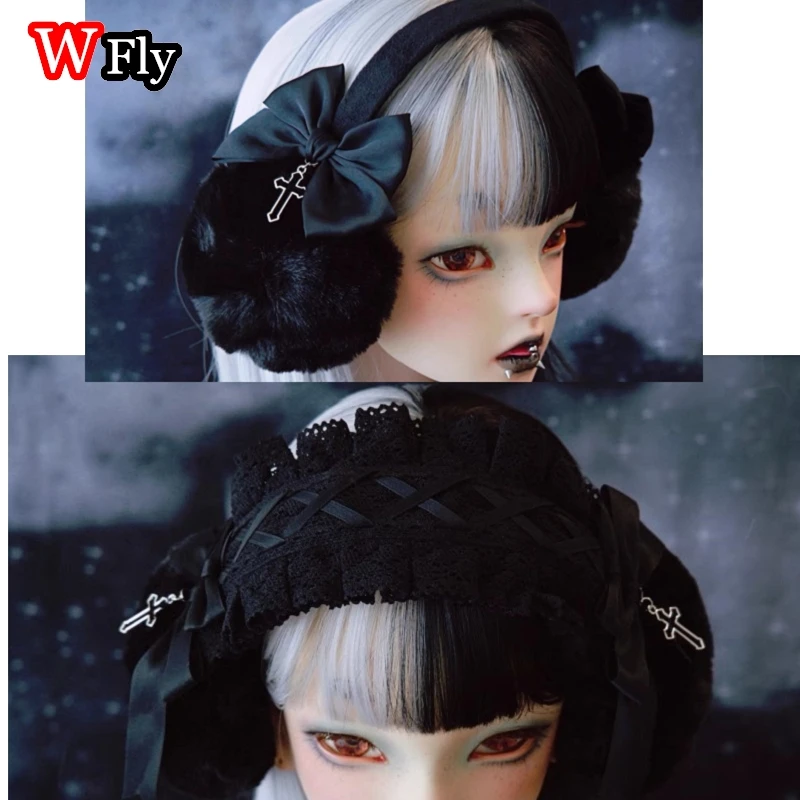 LOLITA Dámska dámska harajuku steampunk y2k dievčatá čipkovaný kríž krížový prívesok udržiavajte teplú čelenku plyšové skladacie ušné uši uši uši