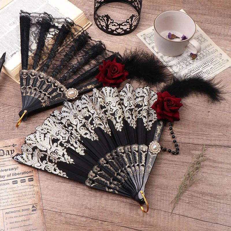 Lolita Fan Fent Feather Rose Skladací fanúšik Európsky štýl Retro zlatá čipka Fan Fan Fan Female Tea Party svadobné fanúšikov