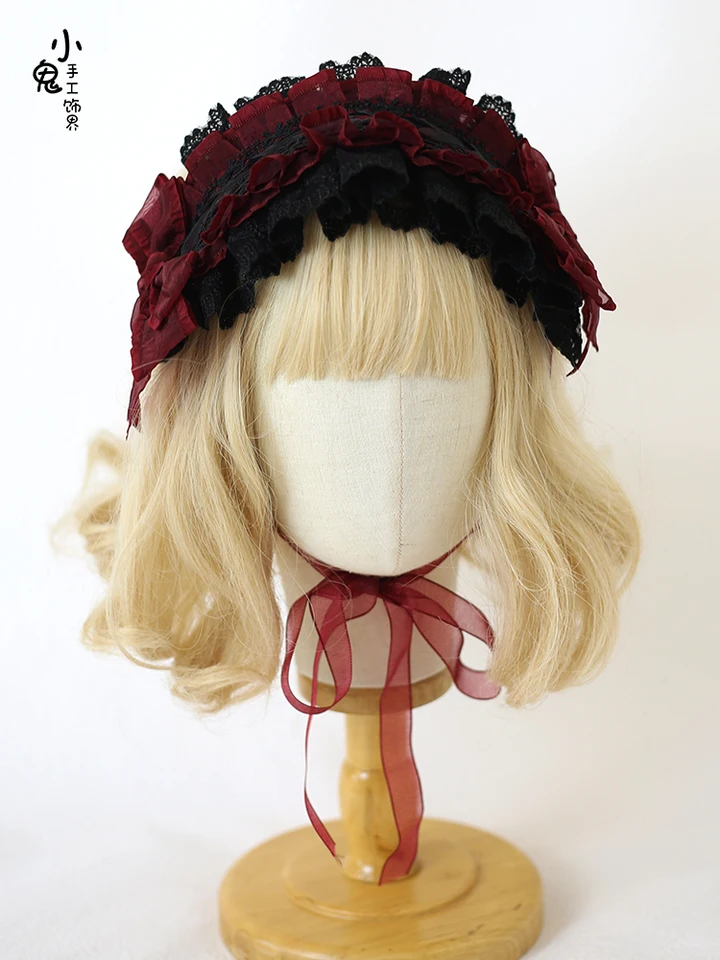 LOLITA Headdress Doll LOW Hair Band KC GOTHICKÁ Čierna červená čipka Víno červené čierne vlasové doplnky