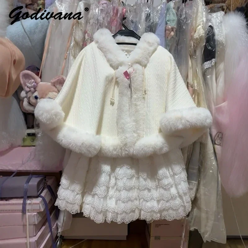 Lolita plyšový fleece biely šál lolita dievčatá sladké roztomilé plášť Cape Jsk zodpovedajúce dámsky zimný teplý plášťový plášť