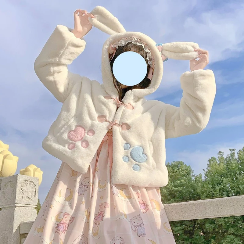 Lolita roztomilý kabát Ženy králičie uši faux kožušina Hrubá teplá orezaná bunda japonský zajačik mäkký dievča kawaii krátka plyšová kapucňa