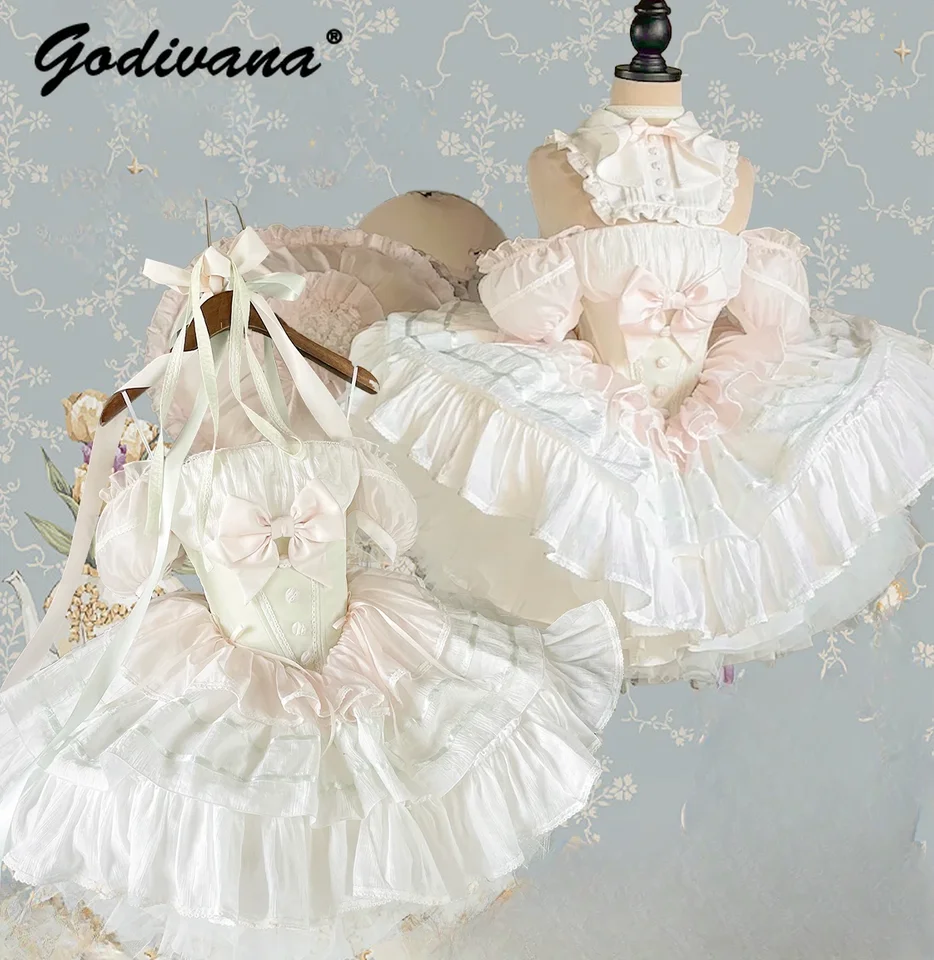 Lolita ružová a zelená patchwork bez ramienok princezná šaty 2024 Nové letné sladké dievčatá Dámska trubica Top Bowknot Krátke párty šaty