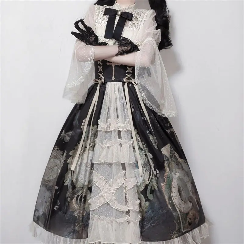 Lolita šaty kawaii Ženy sladké čipky rukávy blúzky motýľ tlač princezná sukňa vintage elegancia lolita sety viktoriánska gotika