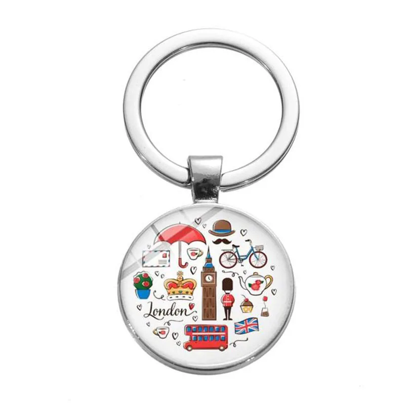 Londýn England Souvenír Keychain Hippie Classic Red Decker Bus Big Ben Printed Glass Cabochon Pendant Keyring Gift